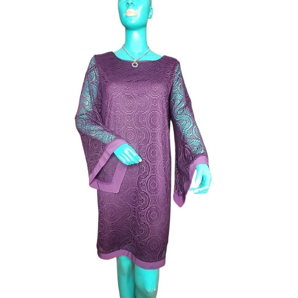 Emma & Michelle Elegant Purple Lace Bell Sleeve Sheath Dress Lined Body Women's